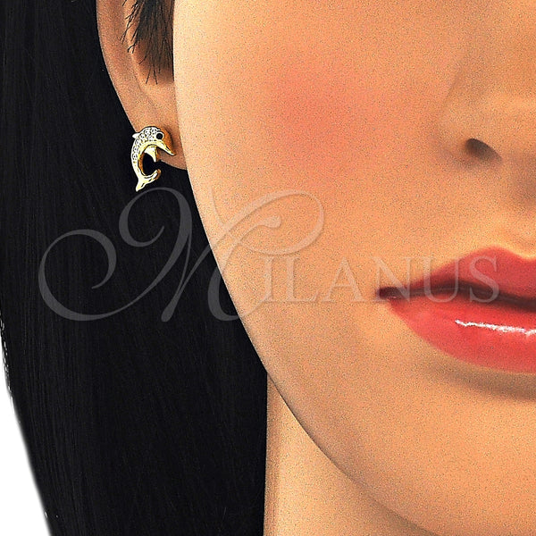 Arete Dormilona 02.336.0082.2 Plata Rodinada, Diseño de Delfín, con Zirconia Cubica Negro y Blanca, Pulido, Tono Dorado