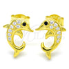 Arete Dormilona 02.336.0082.2 Plata Rodinada, Diseño de Delfín, con Zirconia Cubica Negro y Blanca, Pulido, Tono Dorado