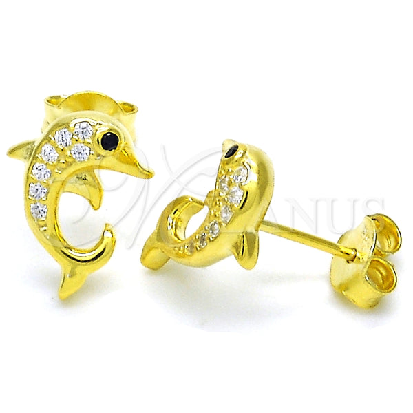 Arete Dormilona 02.336.0082.2 Plata Rodinada, Diseño de Delfín, con Zirconia Cubica Negro y Blanca, Pulido, Tono Dorado