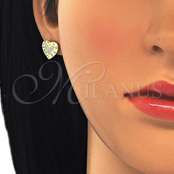Arete Dormilona 02.336.0111.2 Plata Rodinada, Diseño de Corazón y Amor, con Micro Pave Blanca, Pulido, Tono Dorado