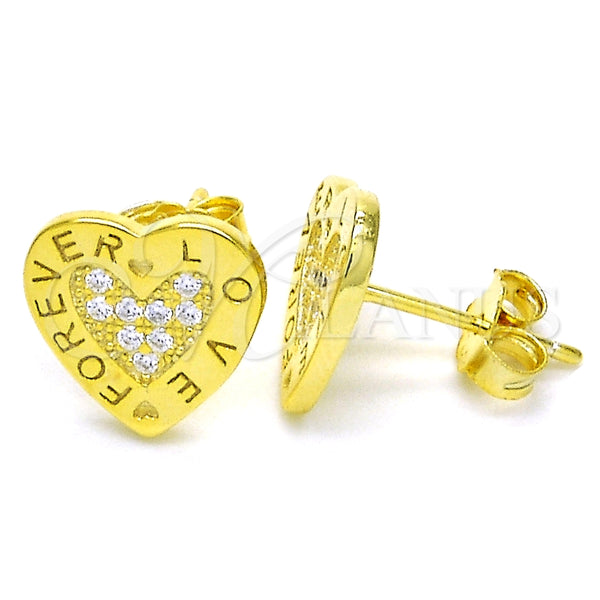 Arete Dormilona 02.336.0111.2 Plata Rodinada, Diseño de Corazón y Amor, con Micro Pave Blanca, Pulido, Tono Dorado