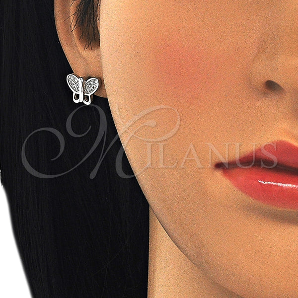 Arete Dormilona 02.336.0113 Plata Rodinada, Diseño de Mariposa, con Micro Pave Blanca, Pulido, Rodinado