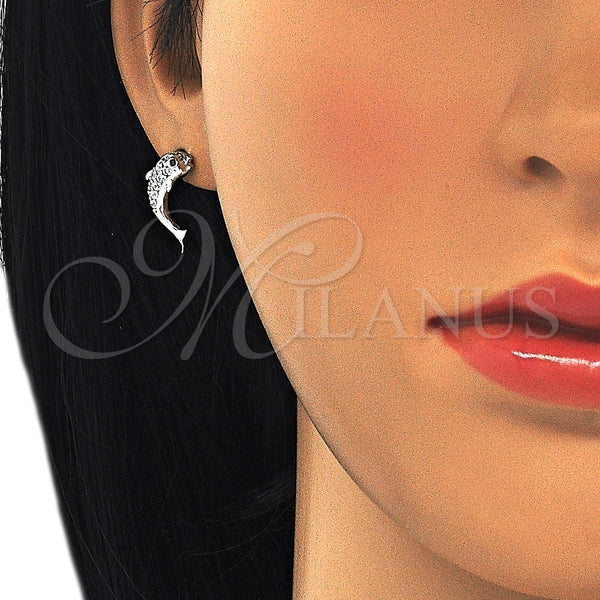 Arete Dormilona 02.336.0116 Plata Rodinada, Diseño de Delfín, con Zirconia Cubica Blanca y Negro, Pulido, Rodinado