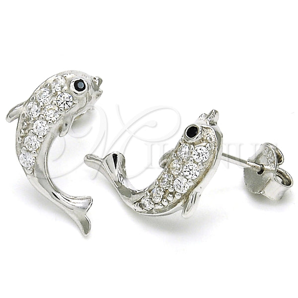 Arete Dormilona 02.336.0116 Plata Rodinada, Diseño de Delfín, con Zirconia Cubica Blanca y Negro, Pulido, Rodinado
