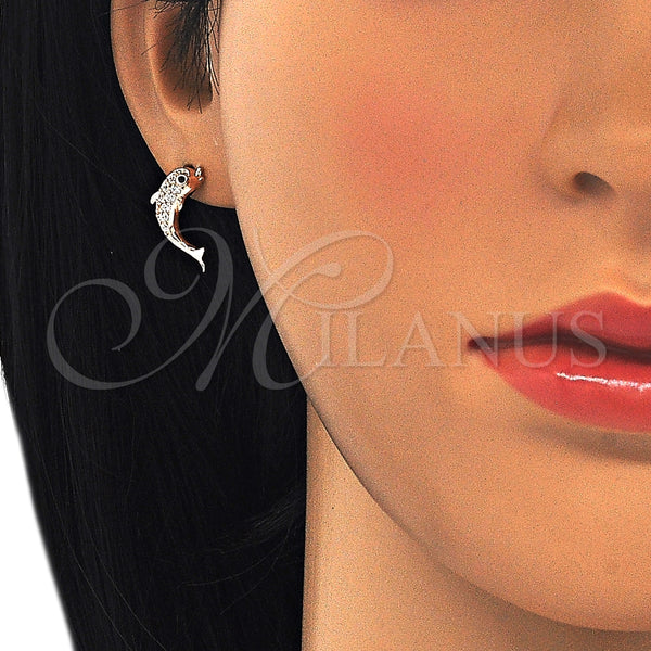 Arete Dormilona 02.336.0116.1 Plata Rodinada, Diseño de Delfín, con Zirconia Cubica Blanca y Negro, Pulido, Tono Rosado