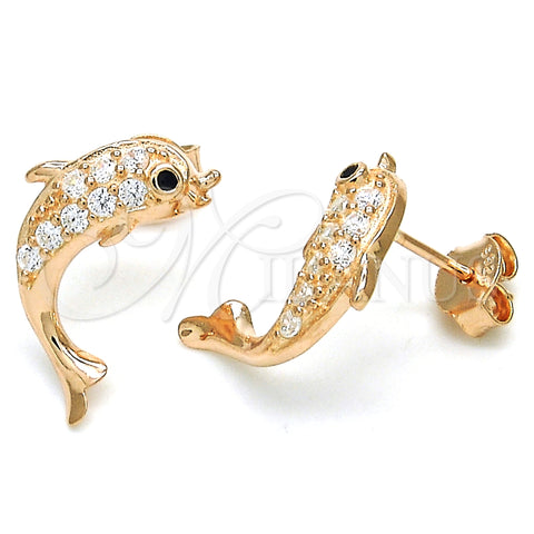 Arete Dormilona 02.336.0116.1 Plata Rodinada, Diseño de Delfín, con Blanca and Negro Zirconia Cubica, Pulido, Tono Rosado