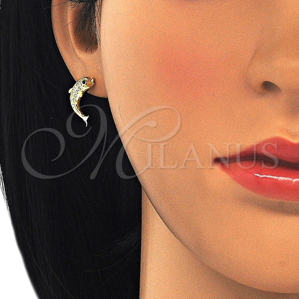 Arete Dormilona 02.336.0116.2 Plata Rodinada, Diseño de Delfín, con Zirconia Cubica Blanca y Negro, Pulido, Tono Dorado