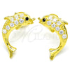 Arete Dormilona 02.336.0116.2 Plata Rodinada, Diseño de Delfín, con Zirconia Cubica Blanca y Negro, Pulido, Tono Dorado