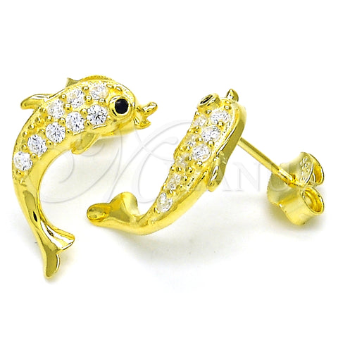 Arete Dormilona 02.336.0116.2 Plata Rodinada, Diseño de Delfín, con Blanca and Negro Zirconia Cubica, Pulido, Tono Dorado