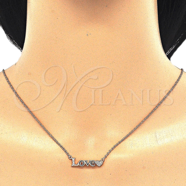 Collares con Dije 04.336.0004.1.16 Plata Rodinada, Diseño de Amor y Corazón, con Zirconia Cubica Blanca, Pulido, Tono Rosado (Grosor 02 MM, 16 Pulgadas de Largo)