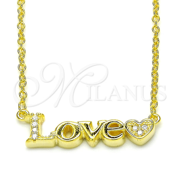 Collares con Dije 04.336.0004.2.16 Plata Rodinada, Diseño de Amor y Corazón, con Zirconia Cubica Blanca, Pulido, Tono Dorado (Grosor 02 MM, 16 Pulgadas de Largo)