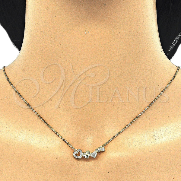 Collares con Dije 04.336.0053.2.16 Plata Rodinada, Diseño de Corazón, con Zirconia Cubica Blanca, Pulido, Tono Dorado (Grosor 02 MM, 16 Pulgadas de Largo)