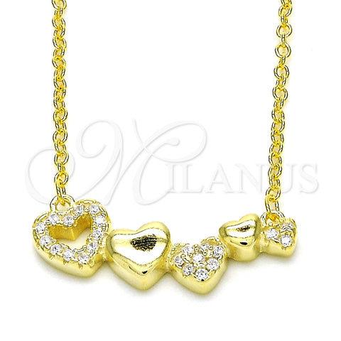 Collares con Dije 04.336.0053.2.16 Plata Rodinada, Diseño de Corazón, con Zirconia Cubica Blanca, Pulido, Tono Dorado (Grosor 02 MM, 16 Pulgadas de Largo)
