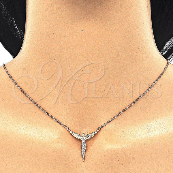 Collares con Dije 04.336.0009.1.16 Plata Rodinada, Diseño de Angel, con Micro Pave Blanca, Pulido, Tono Rosado (Grosor 01 MM, 16 Pulgadas de Largo)
