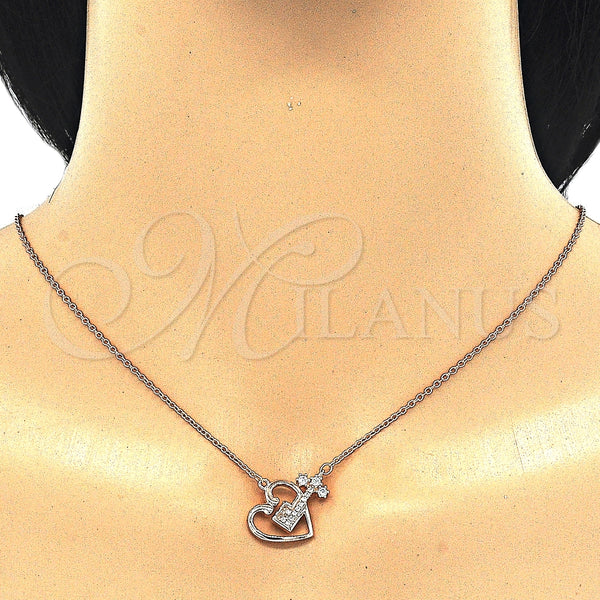 Collares con Dije 04.336.0063.1.16 Plata Rodinada, Diseño de Corazón y Llave, con Zirconia Cubica Blanca y Cristal Blanca, Pulido, Tono Rosado (Grosor 02 MM, 16 Pulgadas de Largo)