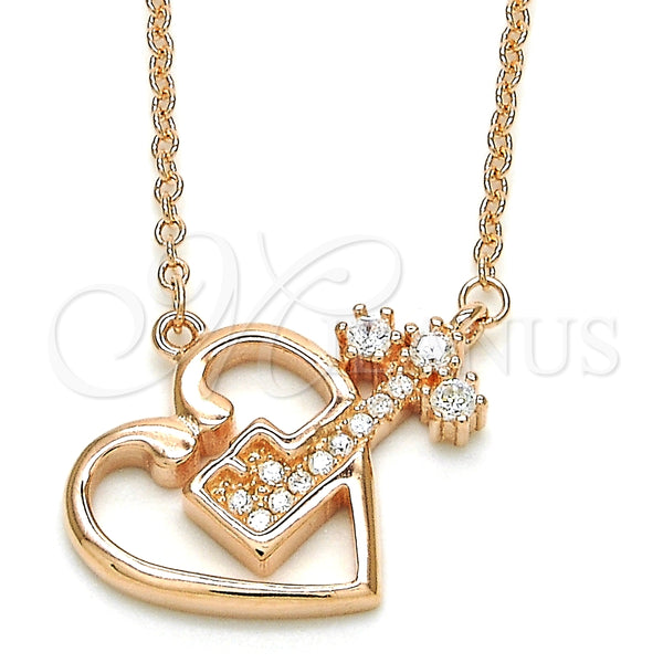 Collares con Dije 04.336.0063.1.16 Plata Rodinada, Diseño de Corazón y Llave, con Zirconia Cubica Blanca y Cristal Blanca, Pulido, Tono Rosado (Grosor 02 MM, 16 Pulgadas de Largo)