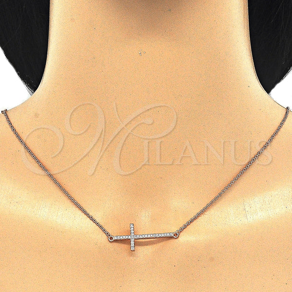 Collares con Dije 04.336.0054.1.16 Plata Rodinada, Diseño de Cruz, con Zirconia Cubica Blanca, Pulido, Tono Rosado (Grosor 01 MM, 16 Pulgadas de Largo)
