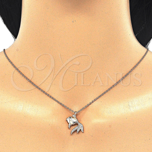 Collares con Dije 04.336.0057.1.16 Plata Rodinada, Diseño de Pescado, con Micro Pave Blanca y Negro, Pulido, Tono Rosado (Grosor 02 MM, 16 Pulgadas de Largo)