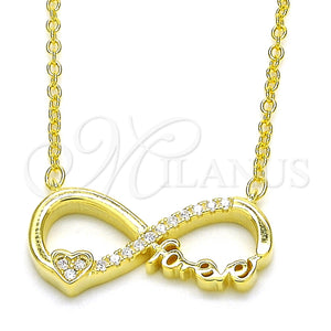 Collares con Dije 04.336.0077.2.16 Plata Rodinada, Diseño de Infinito y Corazón, con Zirconia Cubica Blanca, Pulido, Tono Dorado (Grosor 02 MM, 16 Pulgadas de Largo)