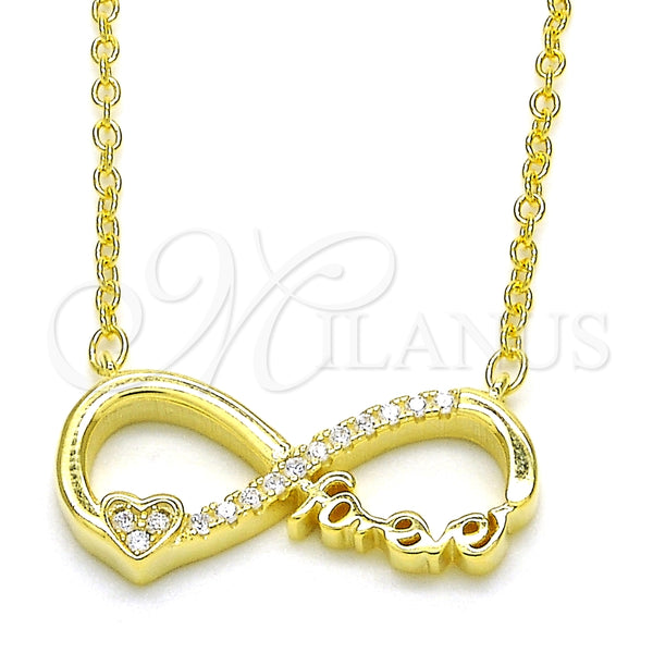Collares con Dije 04.336.0077.2.16 Plata Rodinada, Diseño de Infinito y Corazón, con Zirconia Cubica Blanca, Pulido, Tono Dorado (Grosor 02 MM, 16 Pulgadas de Largo)