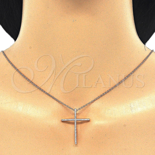 Collares con Dije 04.336.0081.1.16 Plata Rodinada, Diseño de Cruz, con Zirconia Cubica Blanca, Pulido, Tono Rosado (Grosor 01 MM, 16 Pulgadas de Largo)