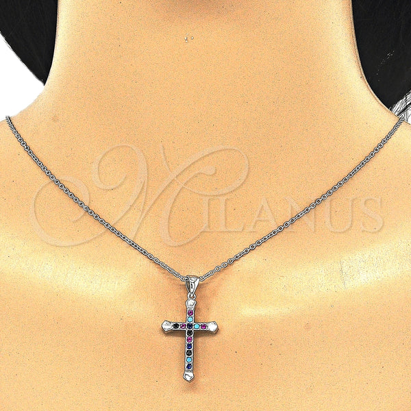 Collares con Dije 04.336.0082.16 Plata Rodinada, Diseño de Cruz, con Zirconia Cubica Multicolor, Pulido, Rodinado (Grosor 01 MM, 16 Pulgadas de Largo)