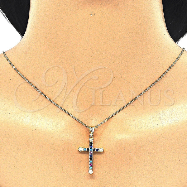 Collares con Dije 04.336.0082.2.16 Plata Rodinada, Diseño de Cruz, con Zirconia Cubica Multicolor, Pulido, Tono Dorado (Grosor 01 MM, 16 Pulgadas de Largo)