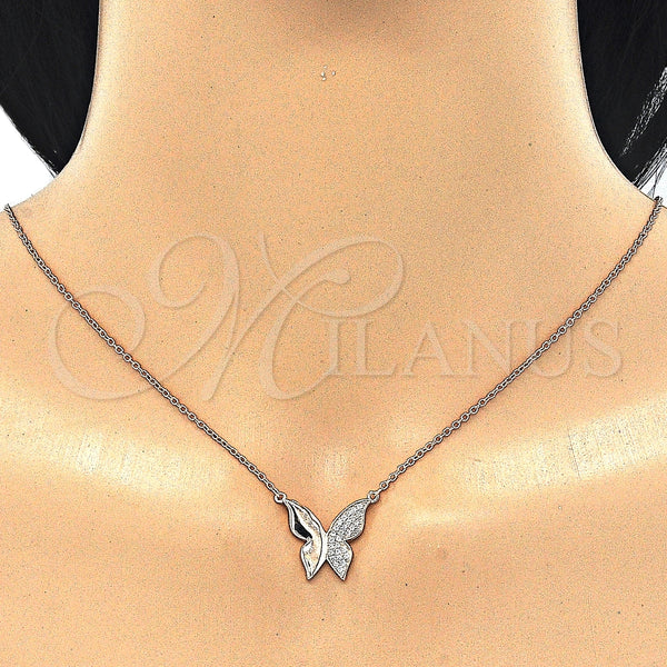 Collares con Dije 04.336.0085.1.16 Plata Rodinada, Diseño de Mariposa, con Zirconia Cubica Blanca, Pulido, Tono Rosado (Grosor 01 MM, 16 Pulgadas de Largo)