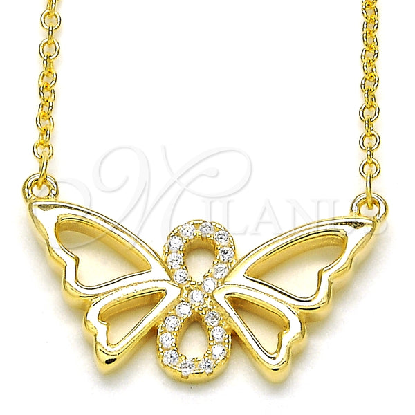 Collares con Dije 04.336.0086.2.16 Plata Rodinada, Diseño de Mariposa y Infinito, con Zirconia Cubica Blanca, Pulido, Tono Dorado (Grosor 02 MM, 16 Pulgadas de Largo)