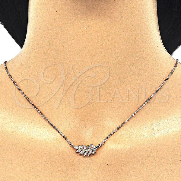 Collares con Dije 04.336.0088.1.16 Plata Rodinada, Diseño de Oja, con Zirconia Cubica Blanca, Pulido, Tono Rosado (Grosor 02 MM, 16 Pulgadas de Largo)