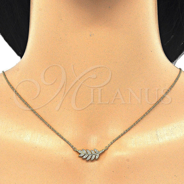 Collares con Dije 04.336.0088.2.16 Plata Rodinada, Diseño de Oja, con Zirconia Cubica Blanca, Pulido, Tono Dorado (Grosor 02 MM, 16 Pulgadas de Largo)