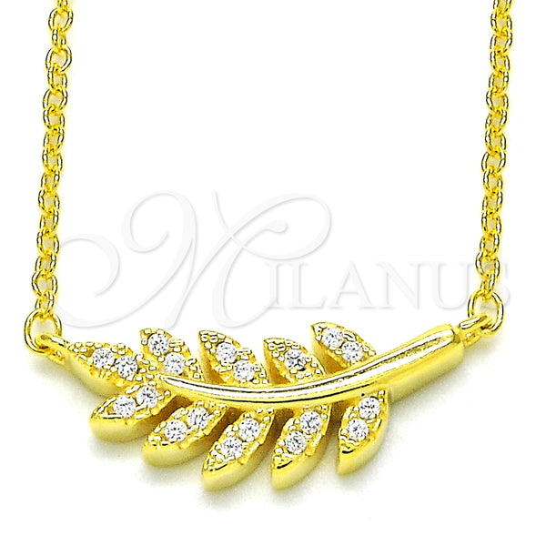 Collares con Dije 04.336.0088.2.16 Plata Rodinada, Diseño de Oja, con Zirconia Cubica Blanca, Pulido, Tono Dorado (Grosor 02 MM, 16 Pulgadas de Largo)