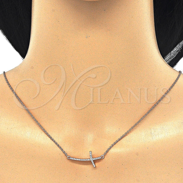 Collares con Dije 04.336.0090.1.16 Plata Rodinada, Diseño de Cruz, con Zirconia Cubica Blanca, Pulido, Tono Rosado (Grosor 01 MM, 16 Pulgadas de Largo)