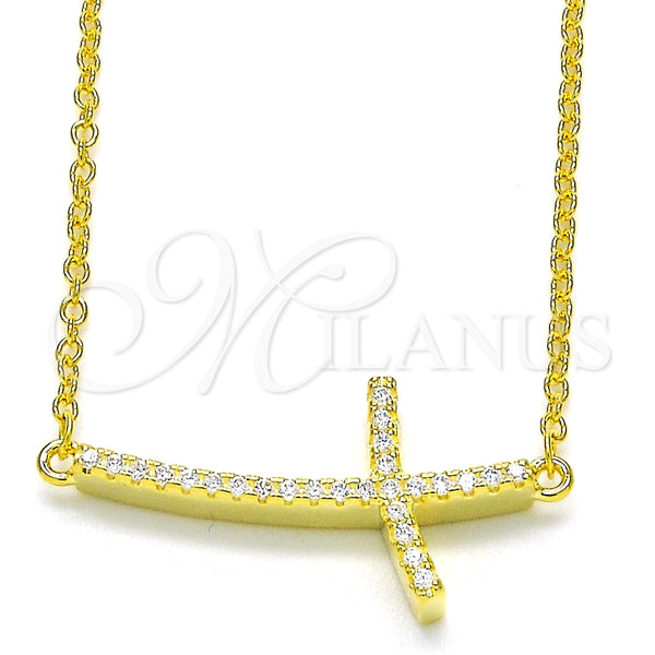 Collares con Dije 04.336.0090.2.16 Plata Rodinada, Diseño de Cruz, con Zirconia Cubica Blanca, Pulido, Tono Dorado (Grosor 01 MM, 16 Pulgadas de Largo)