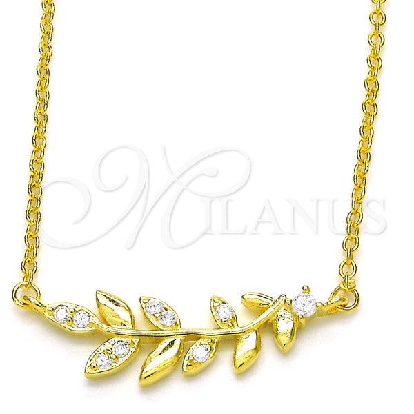 Collares con Dije 04.336.0092.2.16 Plata Rodinada, Diseño de Oja, con Zirconia Cubica Blanca, Pulido, Tono Dorado (Grosor 01 MM, 16 Pulgadas de Largo)
