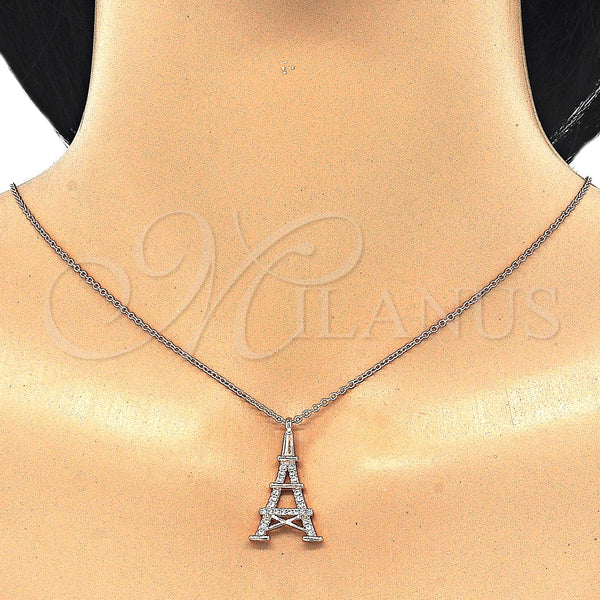 Collares con Dije 04.336.0093.1.16 Plata Rodinada, Diseño de Torre Eiffel, con Zirconia Cubica Blanca, Pulido, Tono Rosado (Grosor 02 MM, 16 Pulgadas de Largo)
