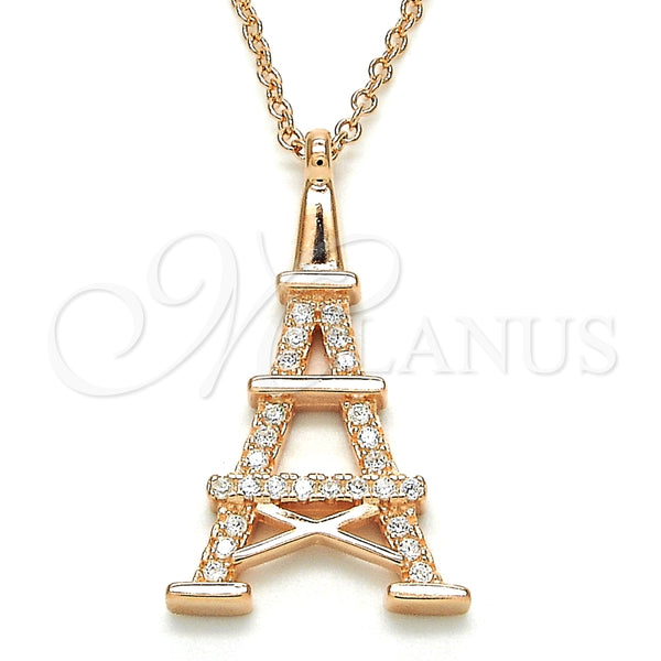 Collares con Dije 04.336.0093.1.16 Plata Rodinada, Diseño de Torre Eiffel, con Zirconia Cubica Blanca, Pulido, Tono Rosado (Grosor 02 MM, 16 Pulgadas de Largo)