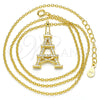 Collares con Dije 04.336.0093.2.16 Plata Rodinada, Diseño de Torre Eiffel, con Blanca Zirconia Cubica, Pulido, Tono Dorado (01 MM Thickness, 16 Inches Length)