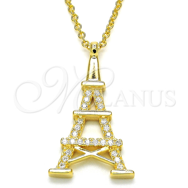 Collares con Dije 04.336.0093.2.16 Plata Rodinada, Diseño de Torre Eiffel, con Zirconia Cubica Blanca, Pulido, Tono Dorado (Grosor 01 MM, 16 Pulgadas de Largo)