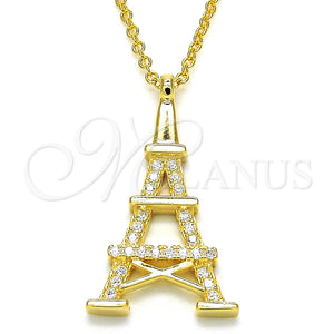 Collares con Dije 04.336.0093.2.16 Plata Rodinada, Diseño de Torre Eiffel, con Zirconia Cubica Blanca, Pulido, Tono Dorado (Grosor 01 MM, 16 Pulgadas de Largo)