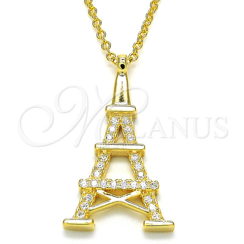 Collares con Dije 04.336.0093.2.16 Plata Rodinada, Diseño de Torre Eiffel, con Zirconia Cubica Blanca, Pulido, Tono Dorado (Grosor 01 MM, 16 Pulgadas de Largo)