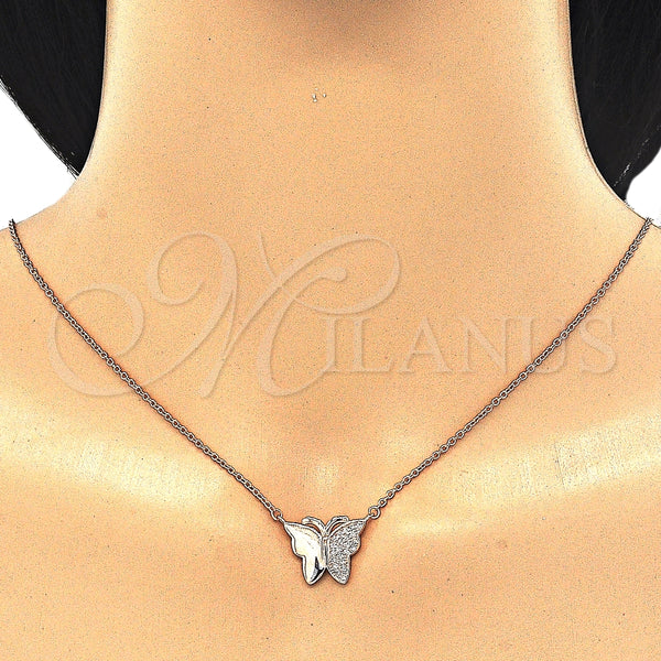 Collares con Dije 04.336.0098.1.16 Plata Rodinada, Diseño de Mariposa, con Micro Pave Blanca, Pulido, Tono Rosado (Grosor 01 MM, 16 Pulgadas de Largo)