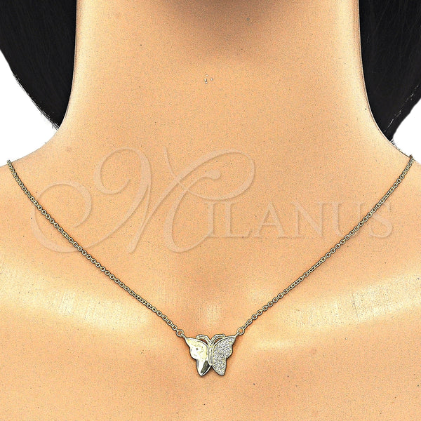 Collares con Dije 04.336.0098.2.16 Plata Rodinada, Diseño de Mariposa, con Micro Pave Blanca, Pulido, Tono Dorado (Grosor 01 MM, 16 Pulgadas de Largo)