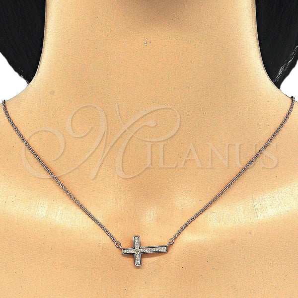 Collares con Dije 04.336.0100.1.16 Plata Rodinada, Diseño de Cruz, con Micro Pave Blanca, Pulido, Tono Rosado (Grosor 01 MM, 16 Pulgadas de Largo)