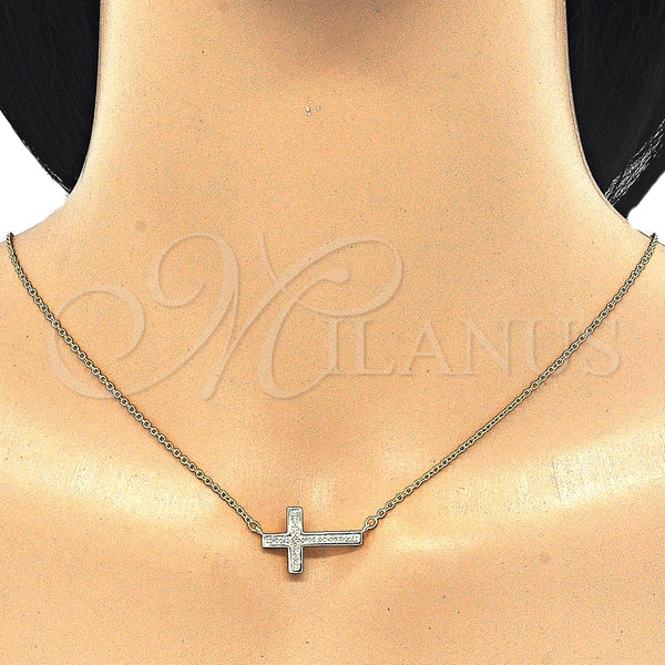 Collares con Dije 04.336.0100.2.16 Plata Rodinada, Diseño de Cruz, con Micro Pave Blanca, Pulido, Tono Dorado (Grosor 01 MM, 16 Pulgadas de Largo)