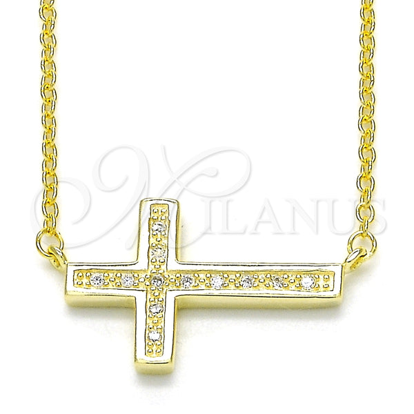 Collares con Dije 04.336.0100.2.16 Plata Rodinada, Diseño de Cruz, con Micro Pave Blanca, Pulido, Tono Dorado (Grosor 01 MM, 16 Pulgadas de Largo)