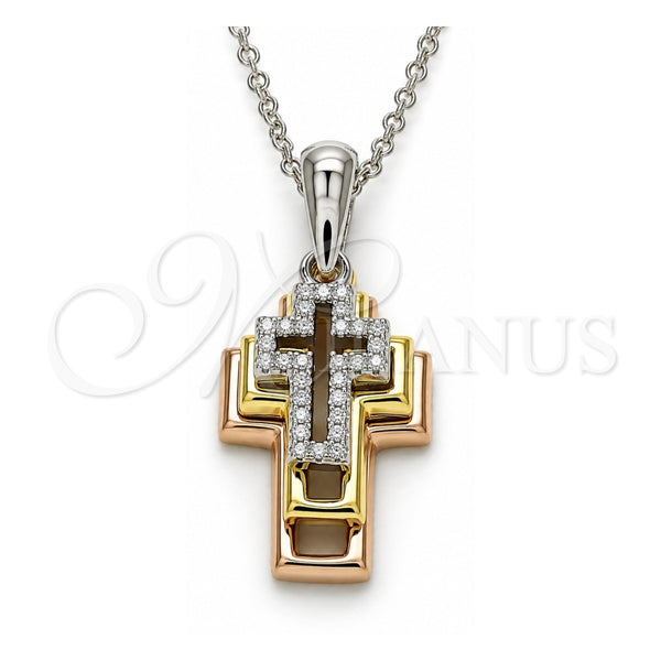 Collares con Dije 04.336.0105.18 Plata Rodinada, Diseño de Cruz, con Zirconia Cubica Blanca, Pulido, Tres Tonos (Grosor 01 MM, 18 Pulgadas de Largo)