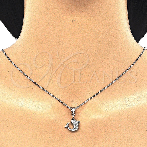 Collares con Dije 04.336.0121.16 Plata Rodinada, Diseño de Delfín, con Zirconia Cubica Blanca y Negro, Pulido, Rodinado (Grosor 02 MM, 16 Pulgadas de Largo)