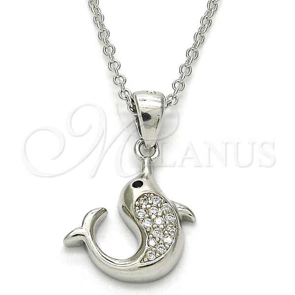 Collares con Dije 04.336.0121.16 Plata Rodinada, Diseño de Delfín, con Zirconia Cubica Blanca y Negro, Pulido, Rodinado (Grosor 02 MM, 16 Pulgadas de Largo)