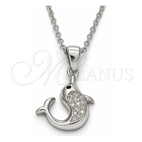 Collares con Dije 04.336.0121.16 Plata Rodinada, Diseño de Delfín, con Zirconia Cubica Blanca y Negro, Pulido, Rodinado (Grosor 02 MM, 16 Pulgadas de Largo)